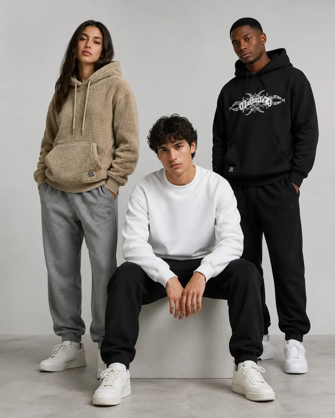Comunidad OMATIC usando hoodies en tonos negro, blanco y beige