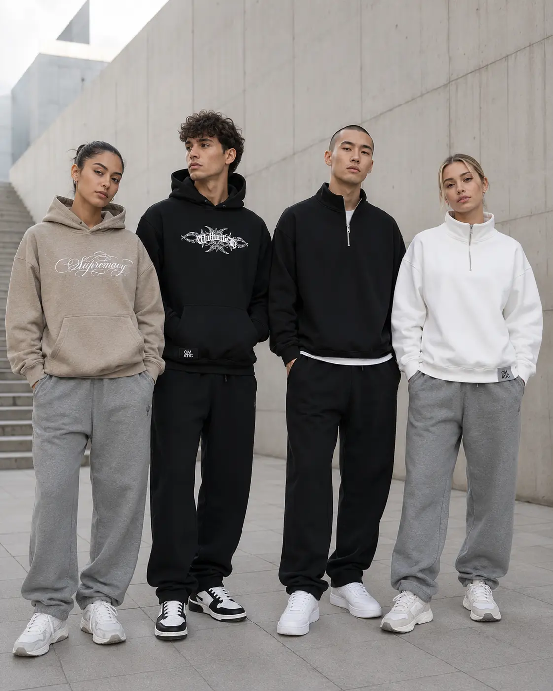 Grupo de modelos con hoodies OMATIC