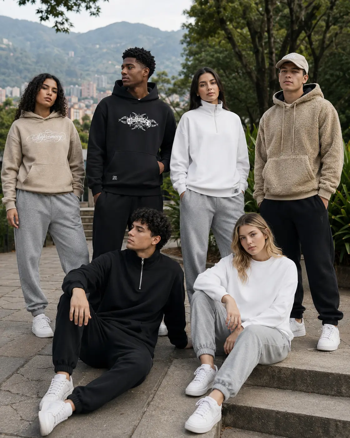 Comunidad OMATIC con hoodies en tonos neutros
